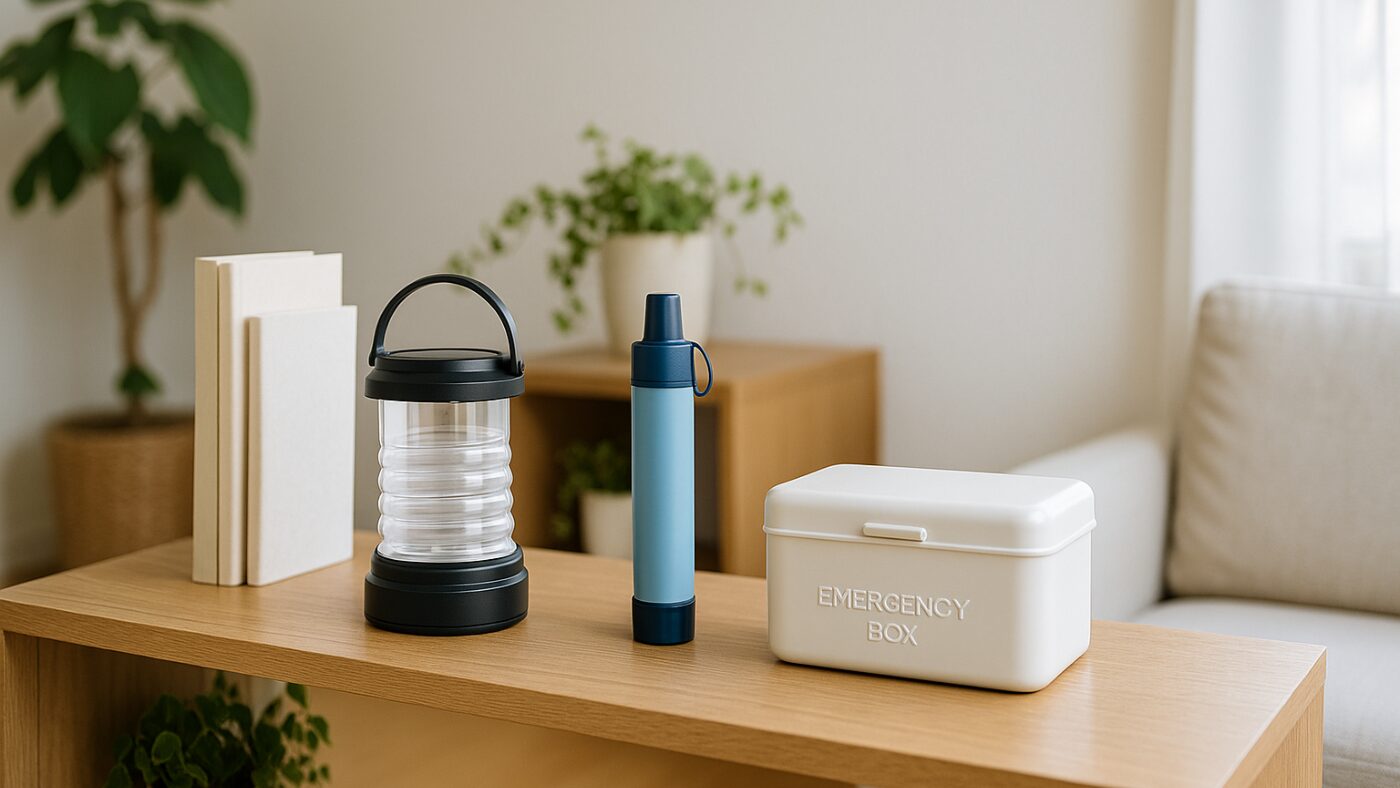 一人暮らしの部屋に置ける小さな防災グッズ3点(ランタン・浄水器・防災ボックス)が並ぶリビングの風景