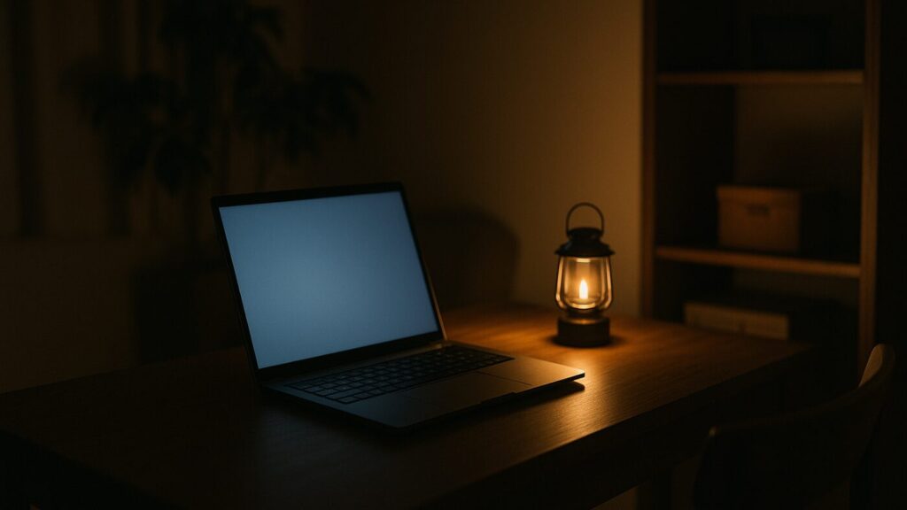 夜の一人暮らしの部屋でランタンの明かりに照らされた机の風景