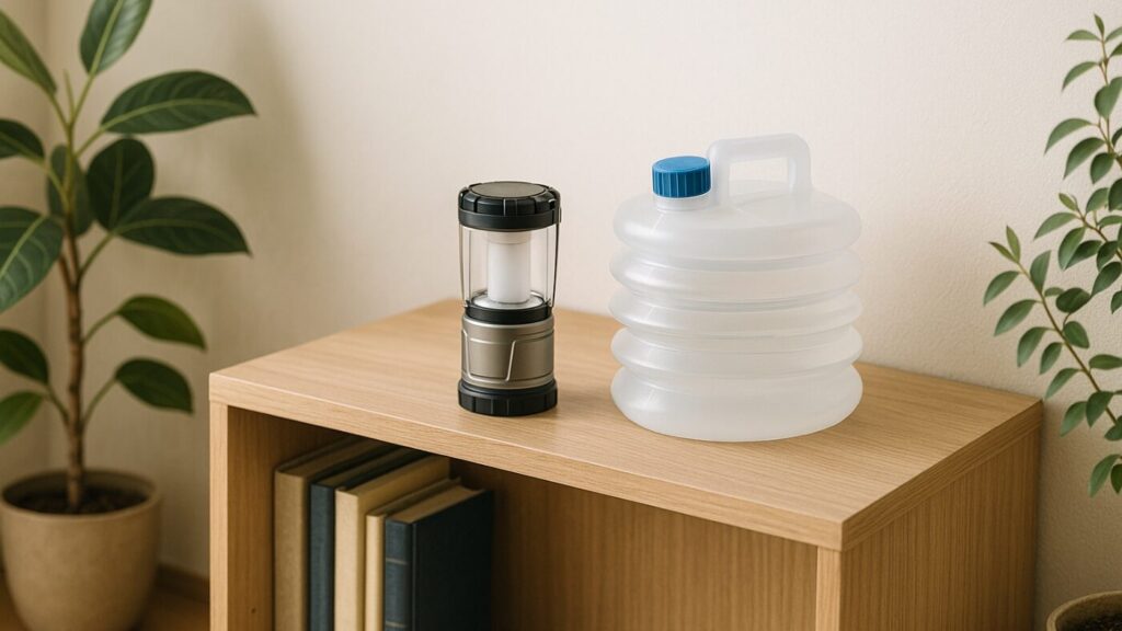 棚の上に置かれた防災ランタンとウォータータンクが生活に溶け込む様子