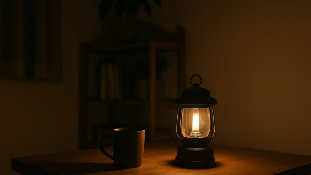 停電時にソーラーランタンの光で照らされた静かな一人暮らしの部屋