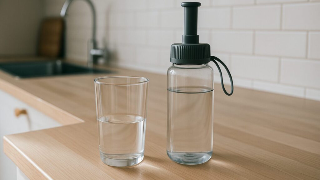 キッチンカウンターに置かれた携帯浄水器とコップ、清潔で安心感のある風景