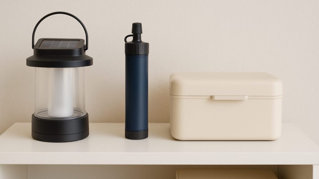 白い棚の上に小型の防災ボックスとランタン、浄水器が並ぶ一人暮らしの部屋