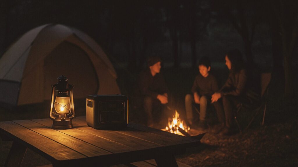 夜のキャンプファイヤーのそばで家族が笑顔。テーブルにランタンとポータブル電源、温かな光に包まれている。