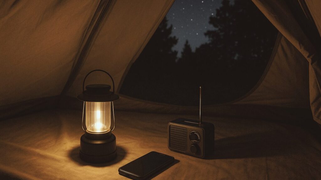 夜のテント内でランタンがやさしく灯り、手元に置かれたラジオとスマートフォン。外には星空。
