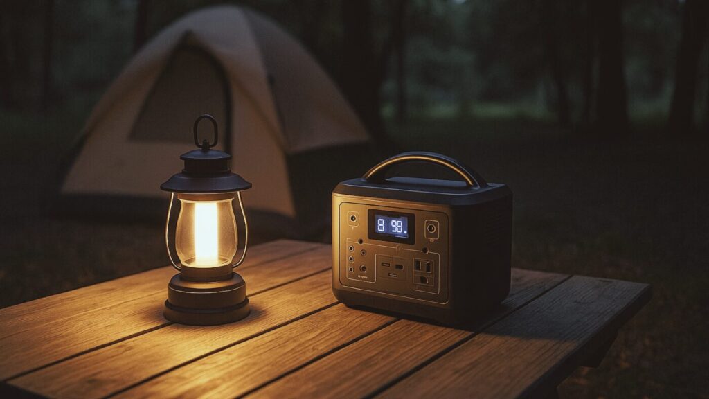 夜のキャンプサイトで、木製テーブルの上にソーラーランタンとポータブル電源。柔らかい光がテントを照らし、自然の中に安心感が漂う構図。防災とアウトドアが調和した雰囲気。