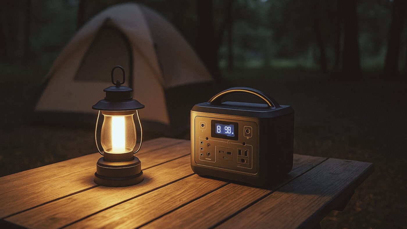 夜のキャンプサイトで、木製テーブルの上にソーラーランタンとポータブル電源。柔らかい光がテントを照らし、自然の中に安心感が漂う構図。防災とアウトドアが調和した雰囲気。