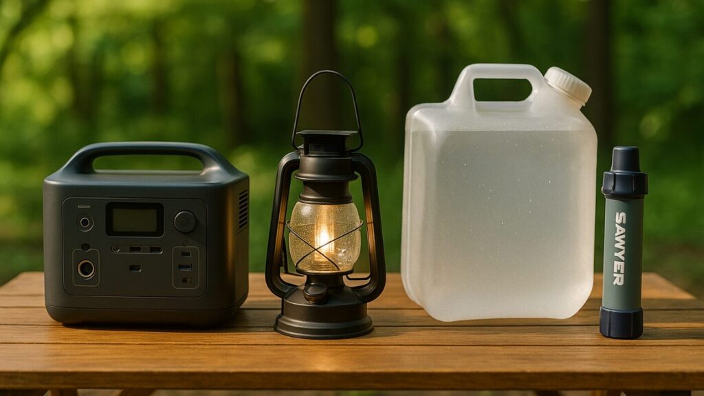 テーブルの上に並ぶキャンプ道具と防災用品。ポータブル電源、ウォータータンク、ランタンが整理され、両者の共通性を表す構図。