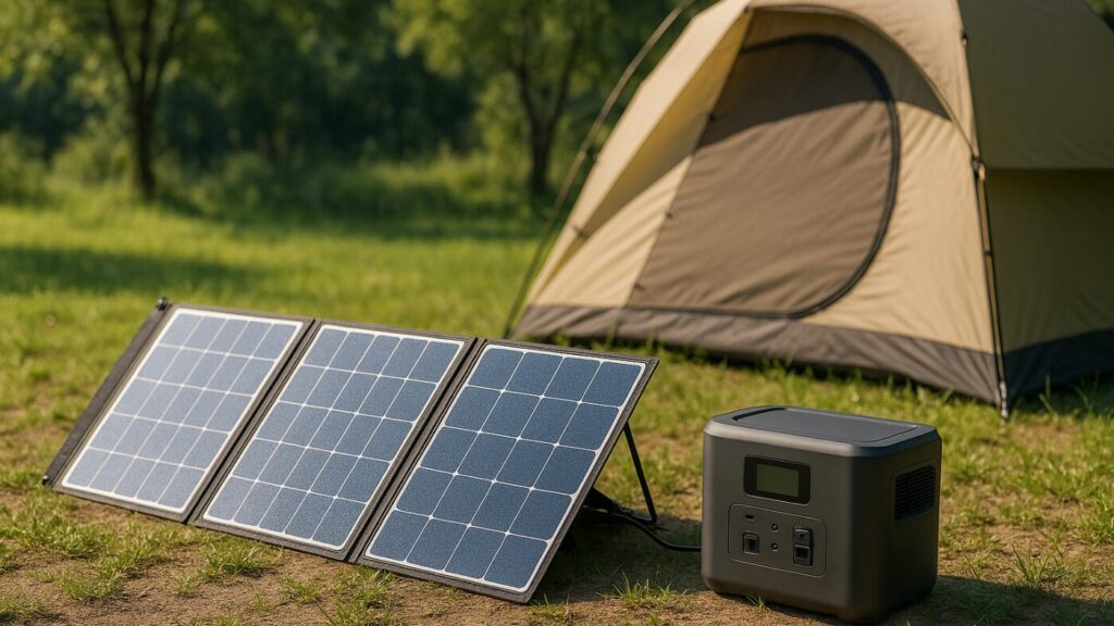 テントのそばにソーラーパネルと小型ポータブル電源。日差しを受けて静かに充電中。背景に森と青空。