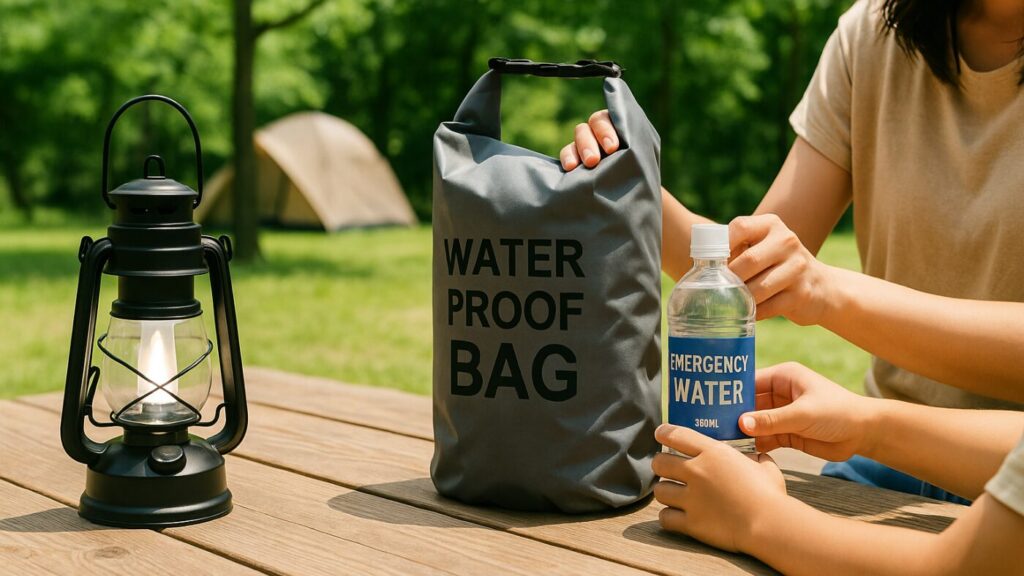 昼のキャンプ場で、家族がテーブルの上の防災グッズを確認している。ランタンや水ボトルが並び、楽しげな雰囲気。