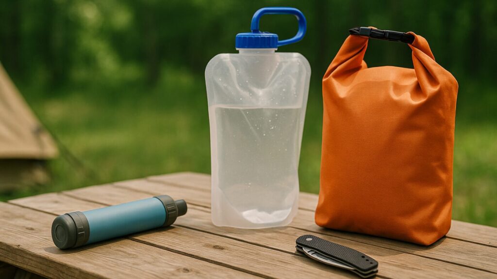 木のテーブルに防災兼用のキャンプギア。携帯浄水器、ウォータータンク、マルチツール、防水バッグなどが整然と並ぶ。