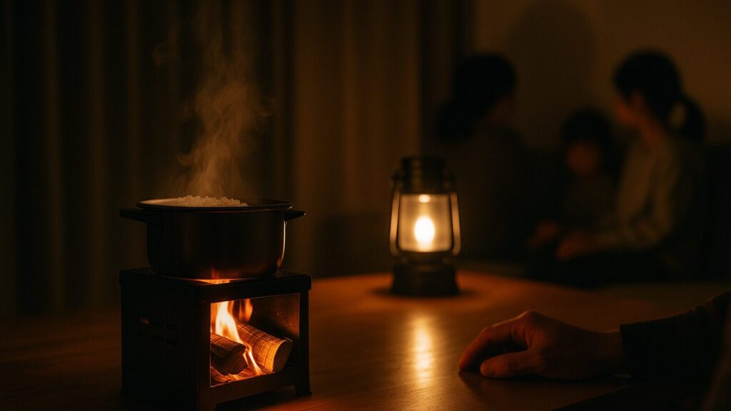 停電した夜に、小さなかまどでごはんを炊く様子。炎のゆらめきが金属の表面に反射し、湯気が静かに立ちのぼる。防災の中に“温かい安心”を感じさせるシーン。