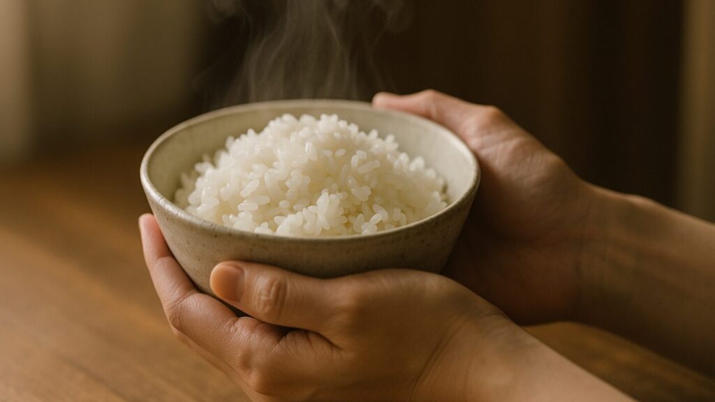 炊きたての白いごはんの茶碗を両手で包み込む手元。湯気がゆらめき、やさしい自然光が当たる。温かい食事が心を落ち着かせる情景。