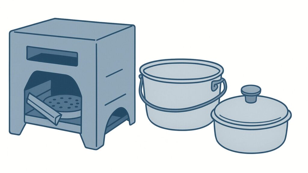 白背景に小型のかまどと鍋を分解して並べた構成。新聞紙を入れる投入口と鍋の断面がわかる。シンプルで説明的な構図。