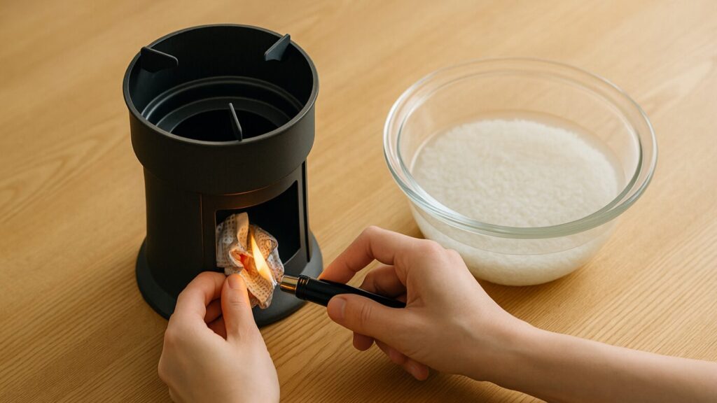 木のテーブルの上で小型かまどに新聞紙を差し込み、火をつける手元。横にお米と水のボウルが並ぶ。明るく清潔感のある構図。