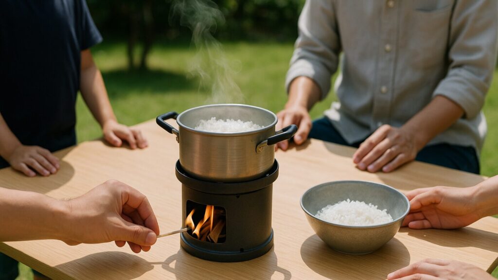 庭先のテーブルで、新聞紙を燃やしてごはんを炊くかまど。隣には家族の手元と湯気。日常に防災が溶け込むシーン。