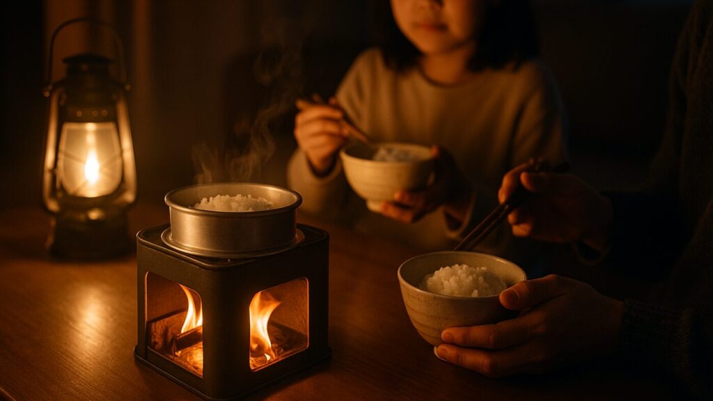 停電の夜、家族が小さな炎を囲みながらごはんを食べている。ランタンの光と湯気が重なり、静かな安心感を表現。
