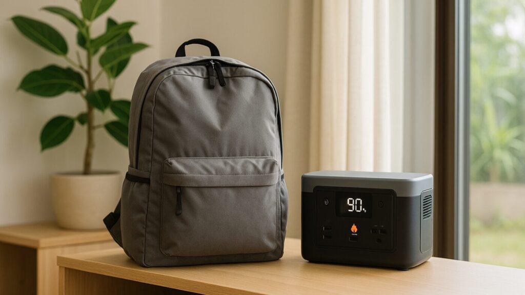 リビングの棚に防災リュックと並んで置かれたポータブル電源の様子