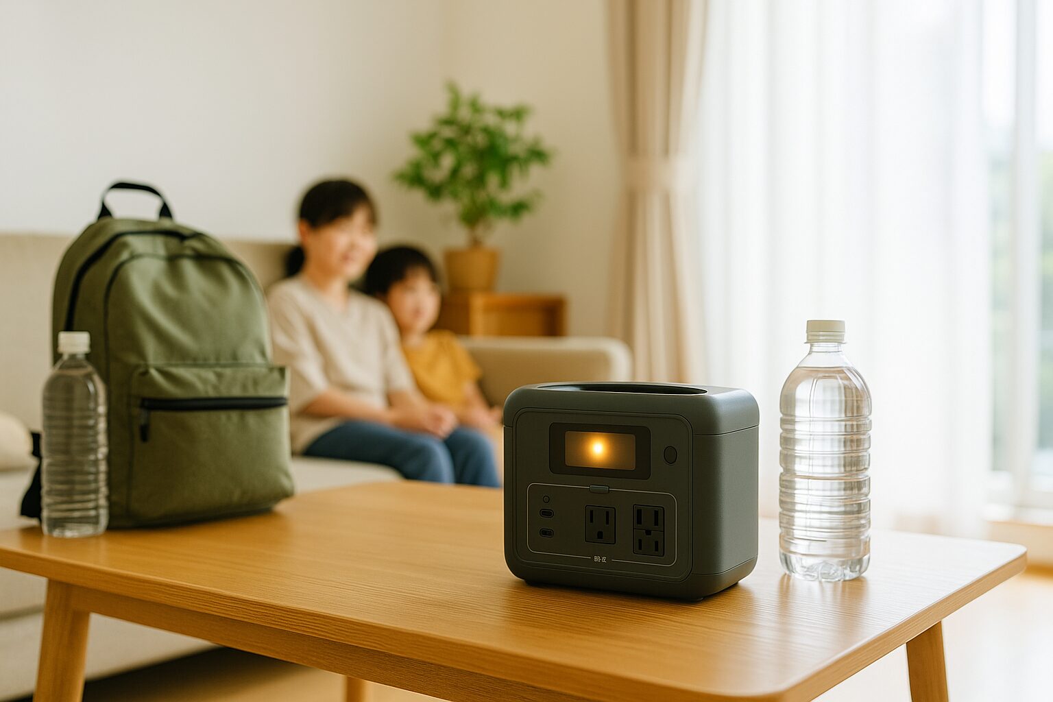 明るいリビングで防災の備えとしてポータブル電源を置く家庭の様子