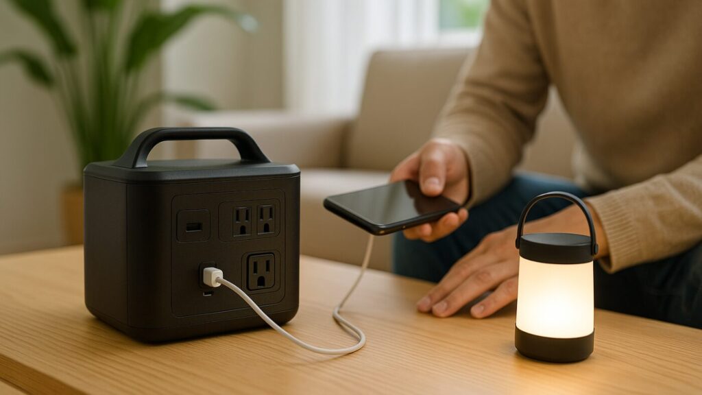 明るいリビングのテーブルで、スマホやLEDライトをポータブル電源につないで充電している手元の様子