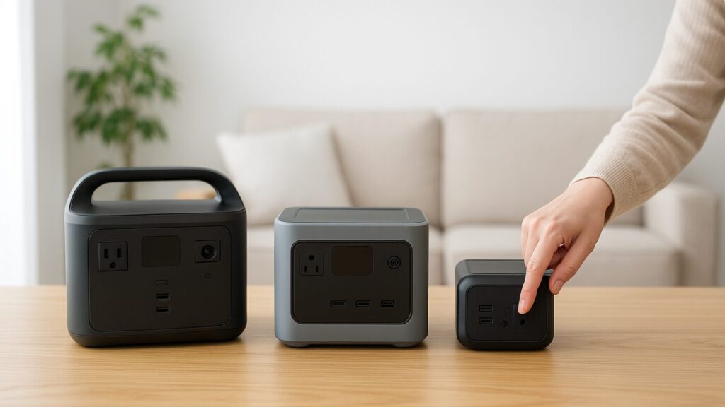 テーブルに置かれた複数のポータブル電源を比較している様子